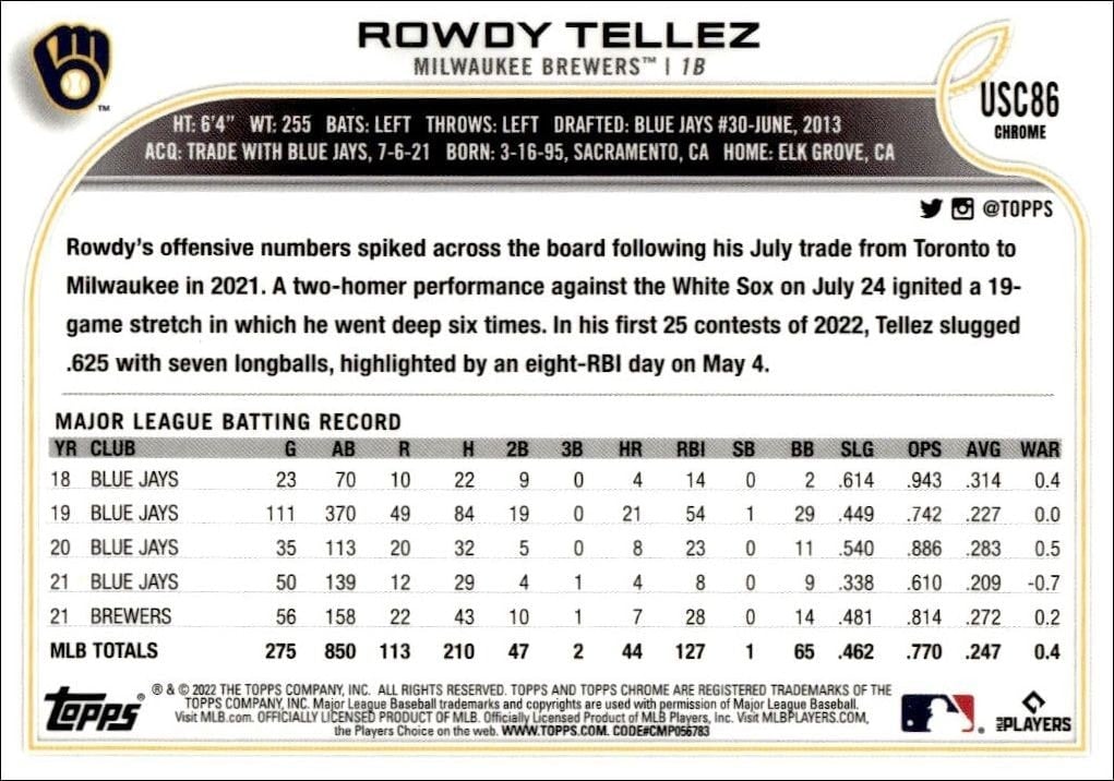 2022 Topps Chrome Update Rowdy Tellez #USC86 baseball trading card back