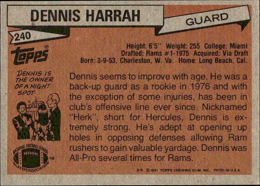 1981 Topps Dennis Harrah #240 football trading card back