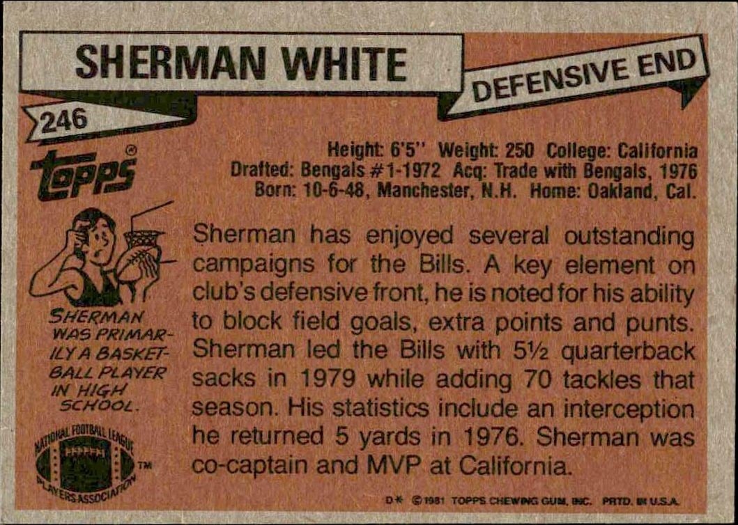 1981 Topps Sherman White #246 football trading card back
