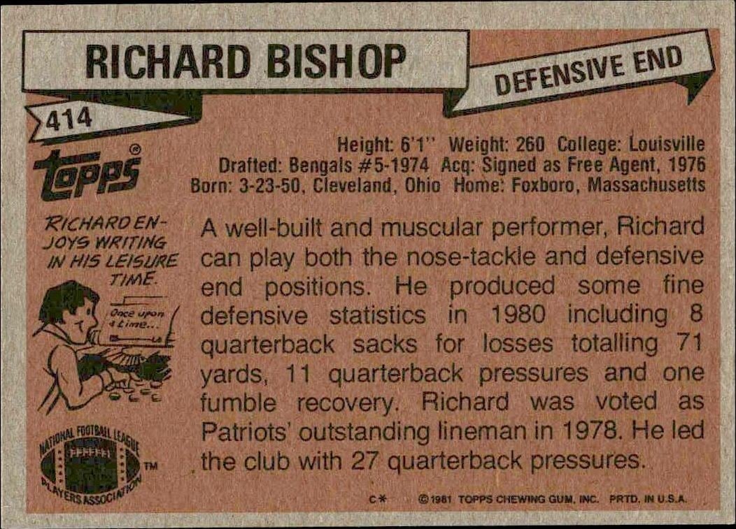 1981 Topps Richard Bishop #414 football trading card back