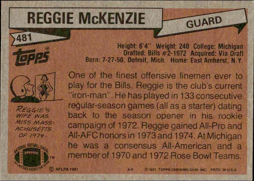 1981 Topps Reggie McKenzie #481 football trading card back