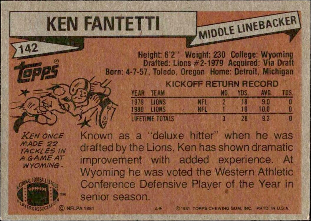 1981 Topps Ken Fantetti #142 football trading card back