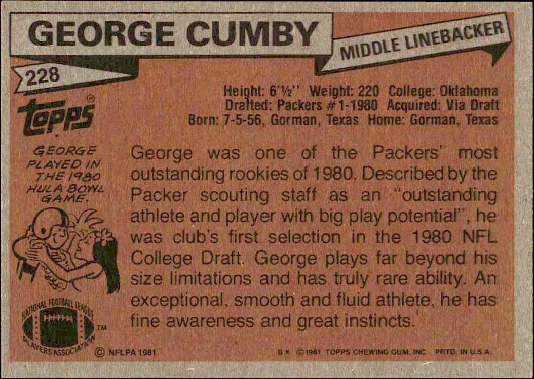 1981 Topps George Cumby #228 football trading card back