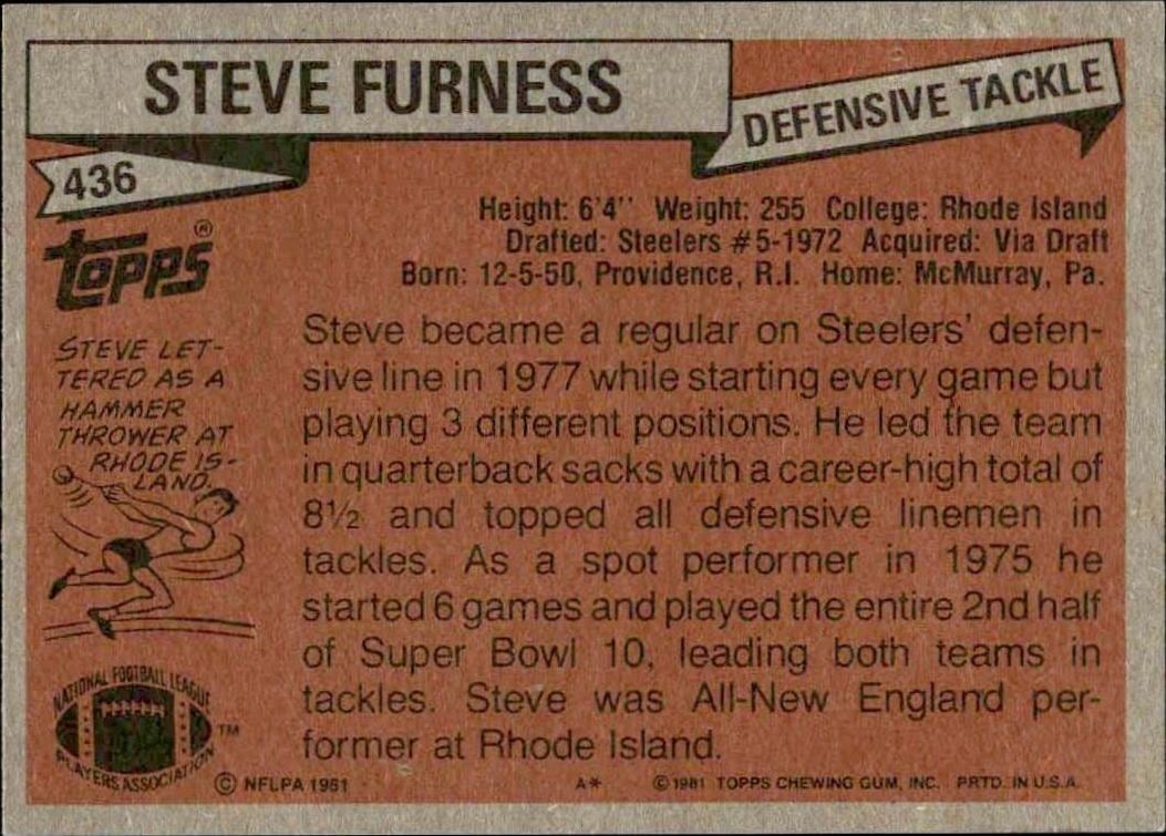 1981 Topps Steve Furness #436 football trading card back