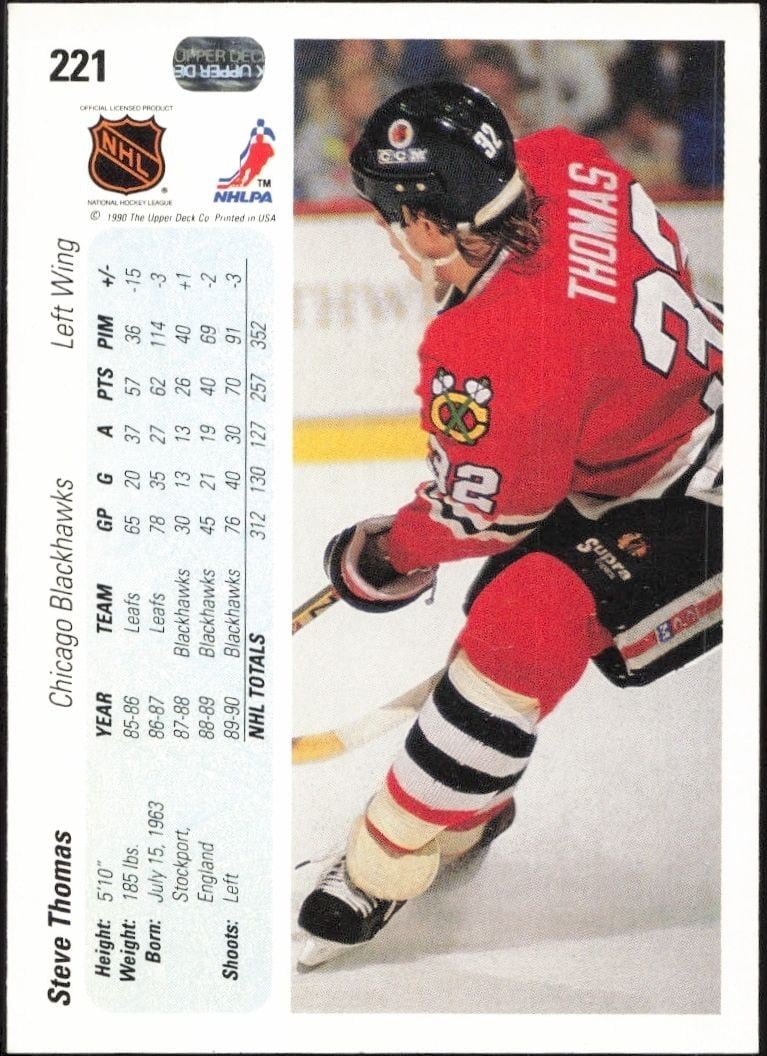 1990-91 Upper Deck Steve Thomas #221 hockey trading card back