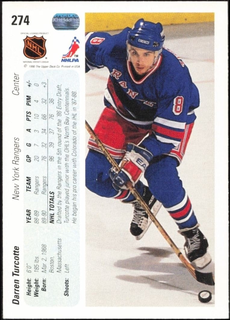 1990-91 Upper Deck Darren Turcotte #274 hockey trading card back