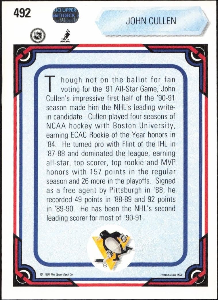 1990-91 Upper Deck John Cullen #492 hockey trading card back