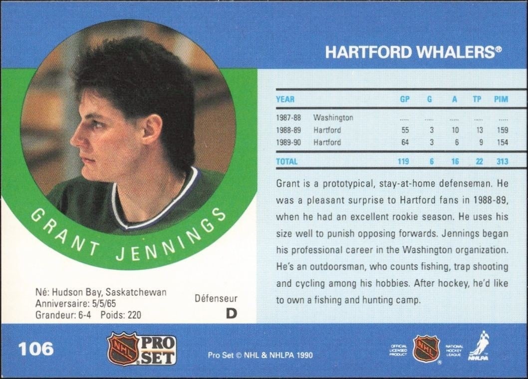 1990-91 Pro Set Grant Jennings #106 hockey trading card back