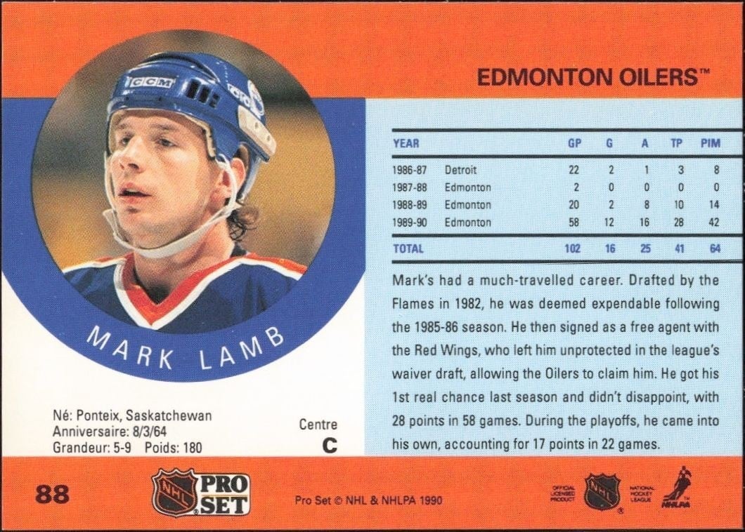 1990-91 Pro Set Mark Lamb #88 hockey trading card back