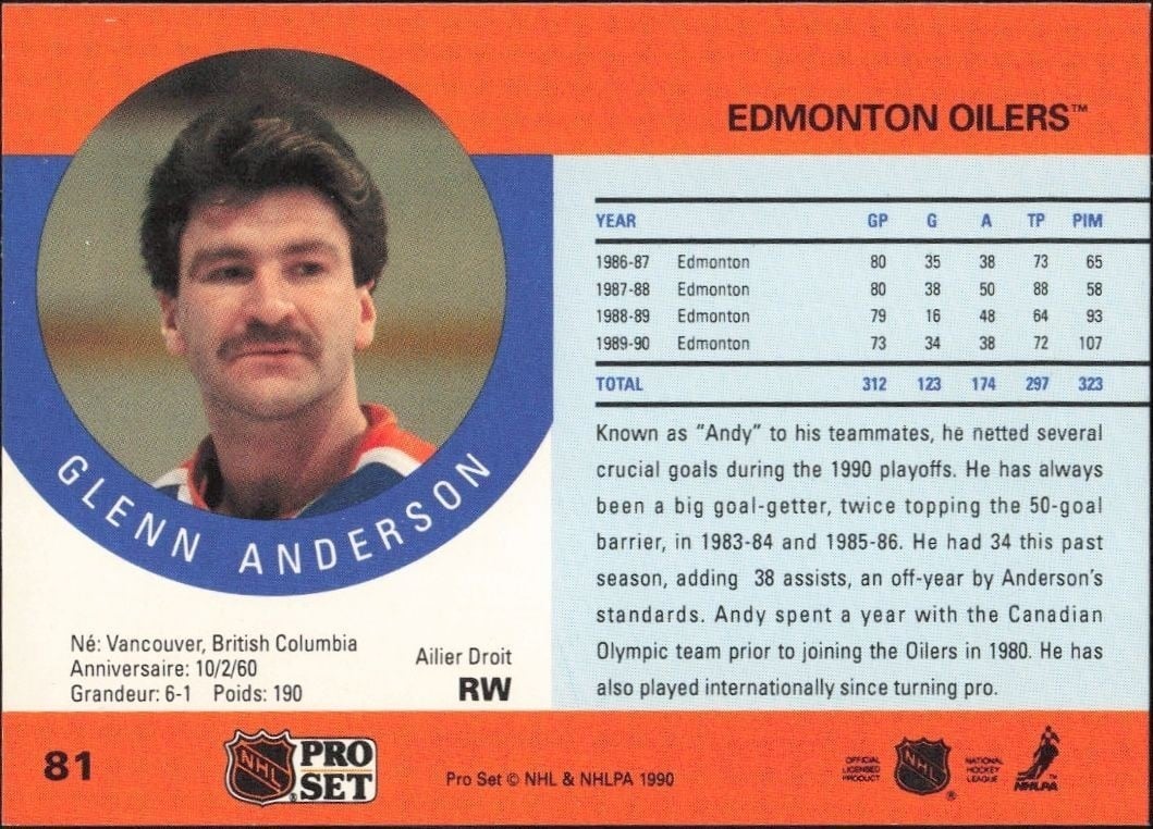 1990-91 Pro Set Glenn Anderson #81 hockey trading card back