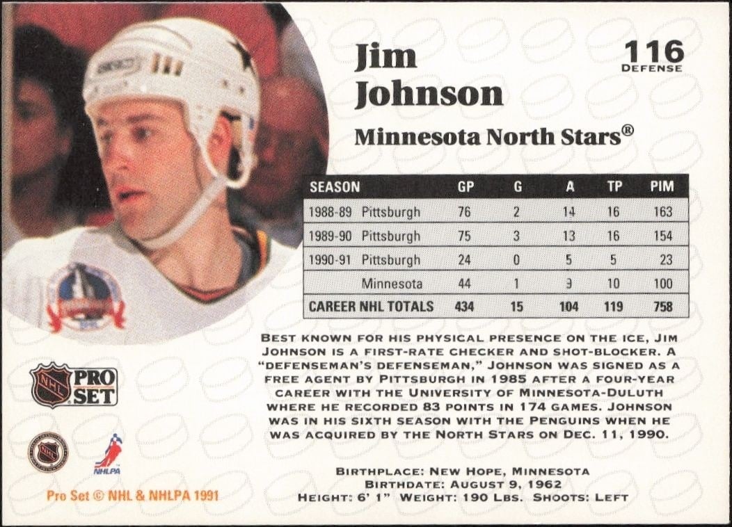 1991-92 Pro Set Jim Johnson #116 hockey trading card back