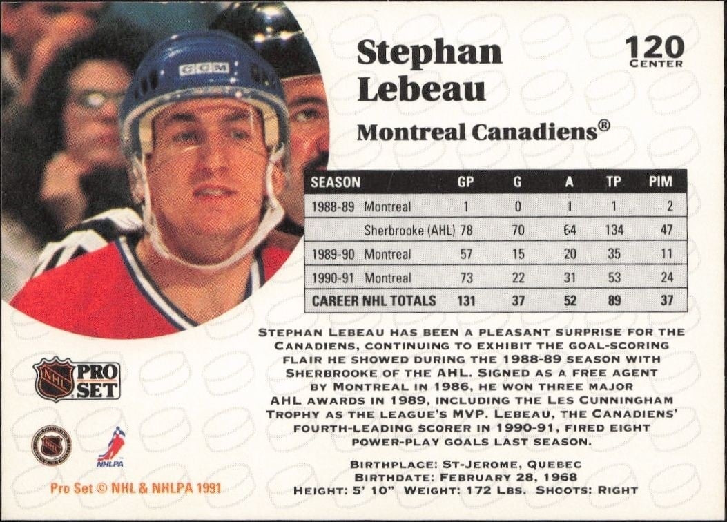 1991-92 Pro Set Stephan Lebeau #120 hockey trading card back