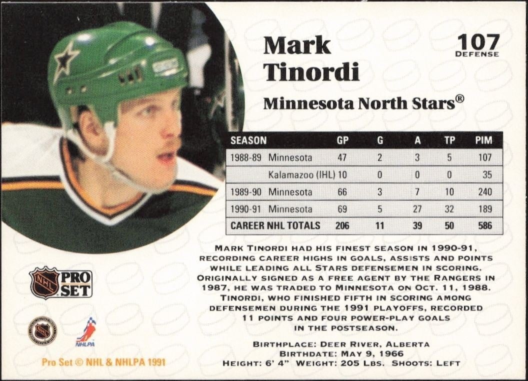 1991-92 Pro Set Mark Tinordi #107 hockey trading card back