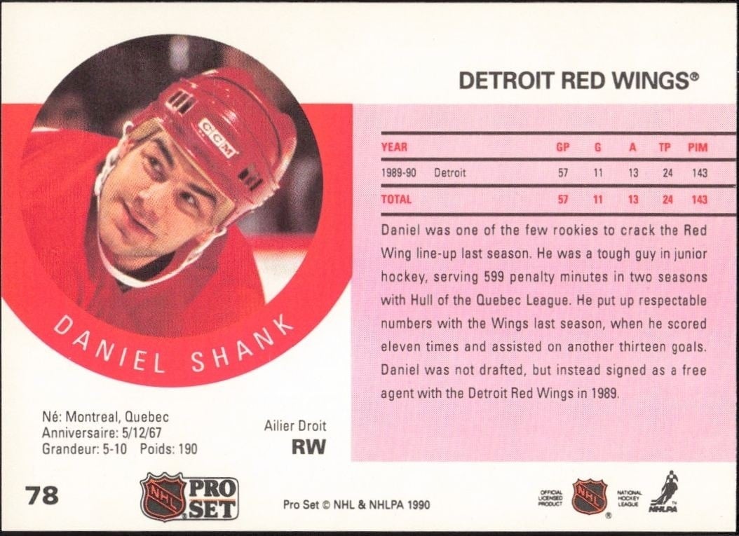 1990-91 Pro Set Daniel Shank #78 hockey trading card back
