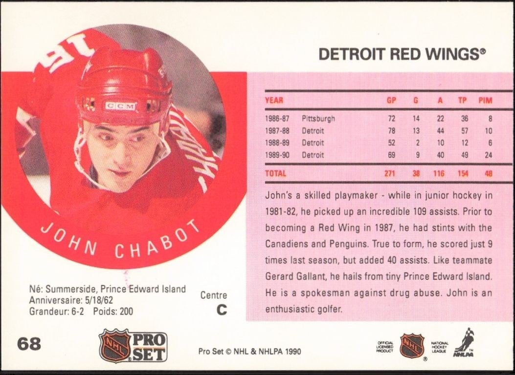 1990-91 Pro Set John Chabot #68 hockey trading card back