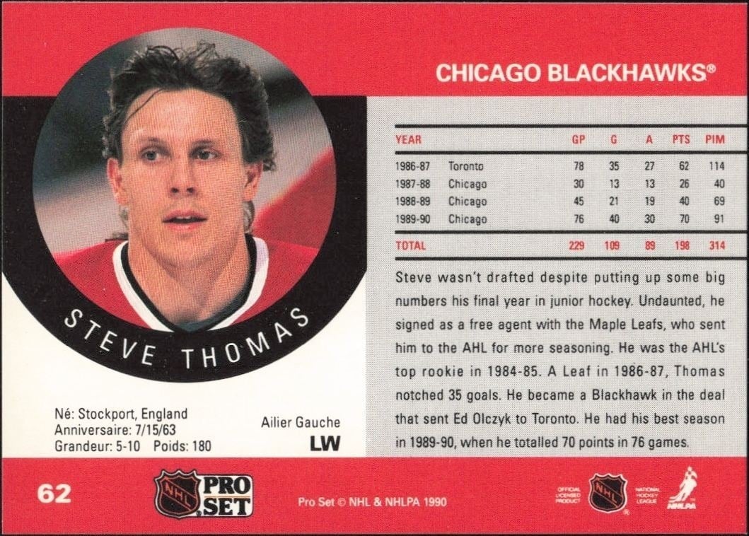 1990-91 Pro Set Steve Thomas #62 hockey trading card back
