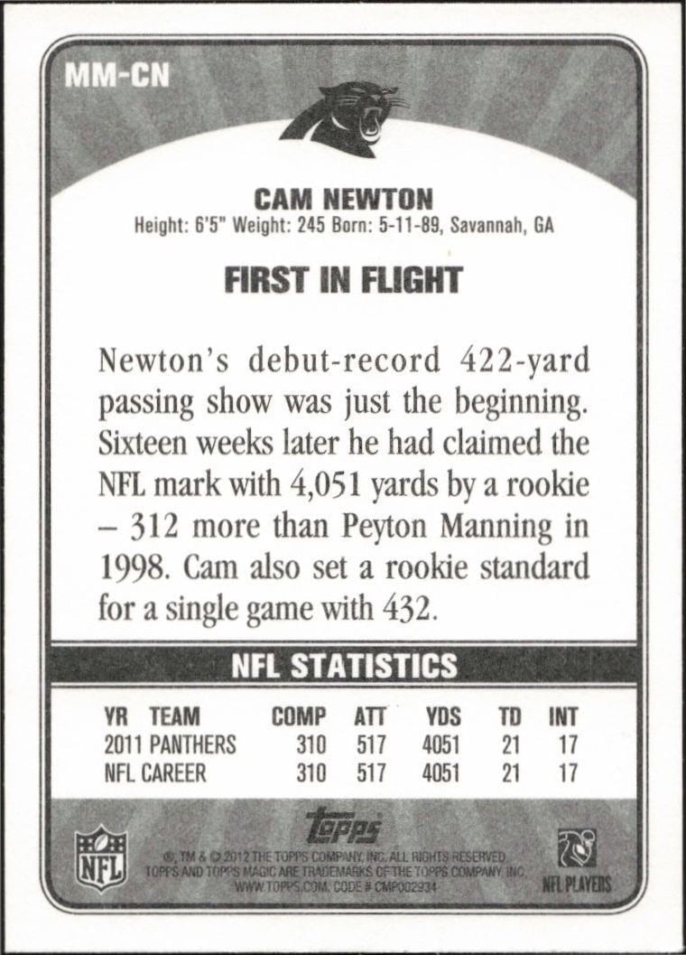 2012 Topps Magic Cam Newton #MM-CN football trading card back