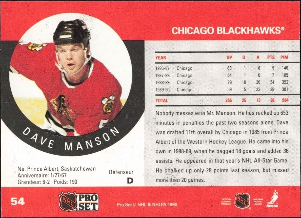 1990-91 Pro Set Dave Manson #54 hockey trading card back