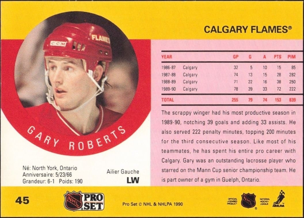 1990-91 Pro Set Gary Roberts #45 hockey trading card back