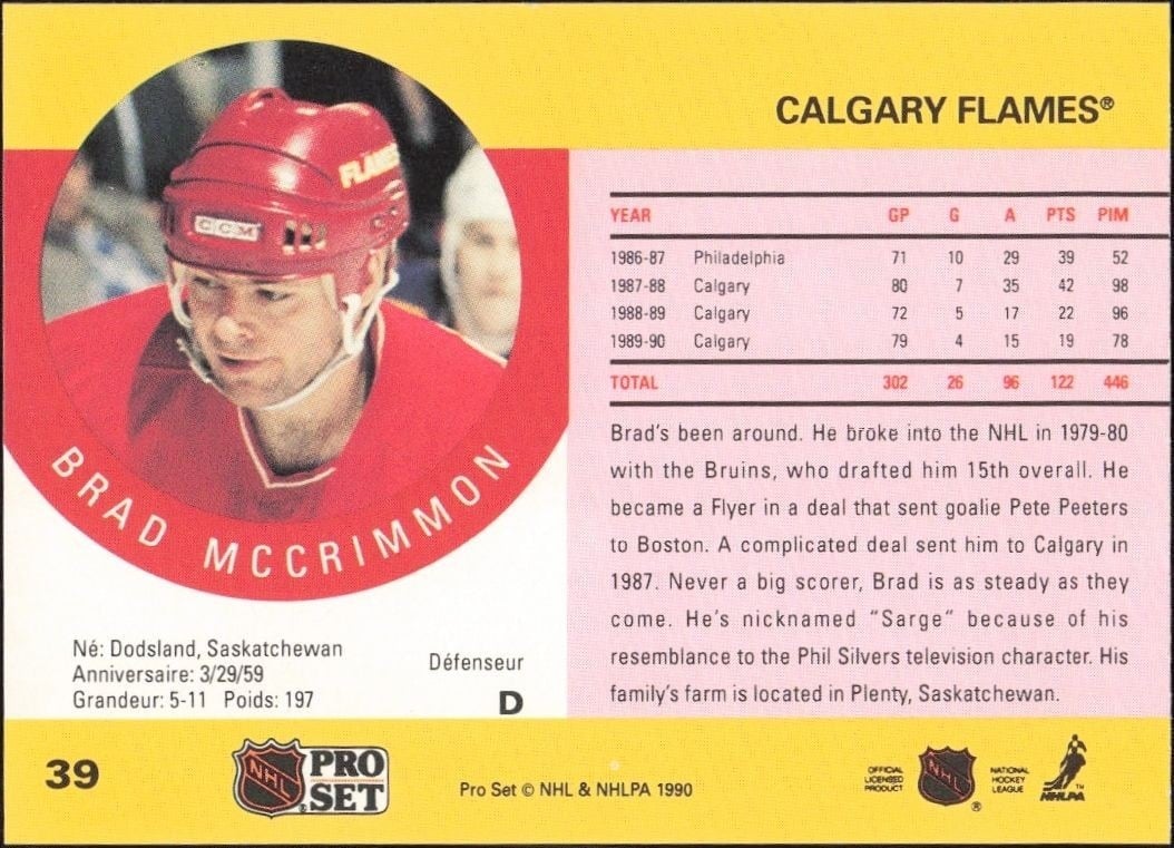 1990-91 Pro Set Brad McCrimmon #39 hockey trading card back