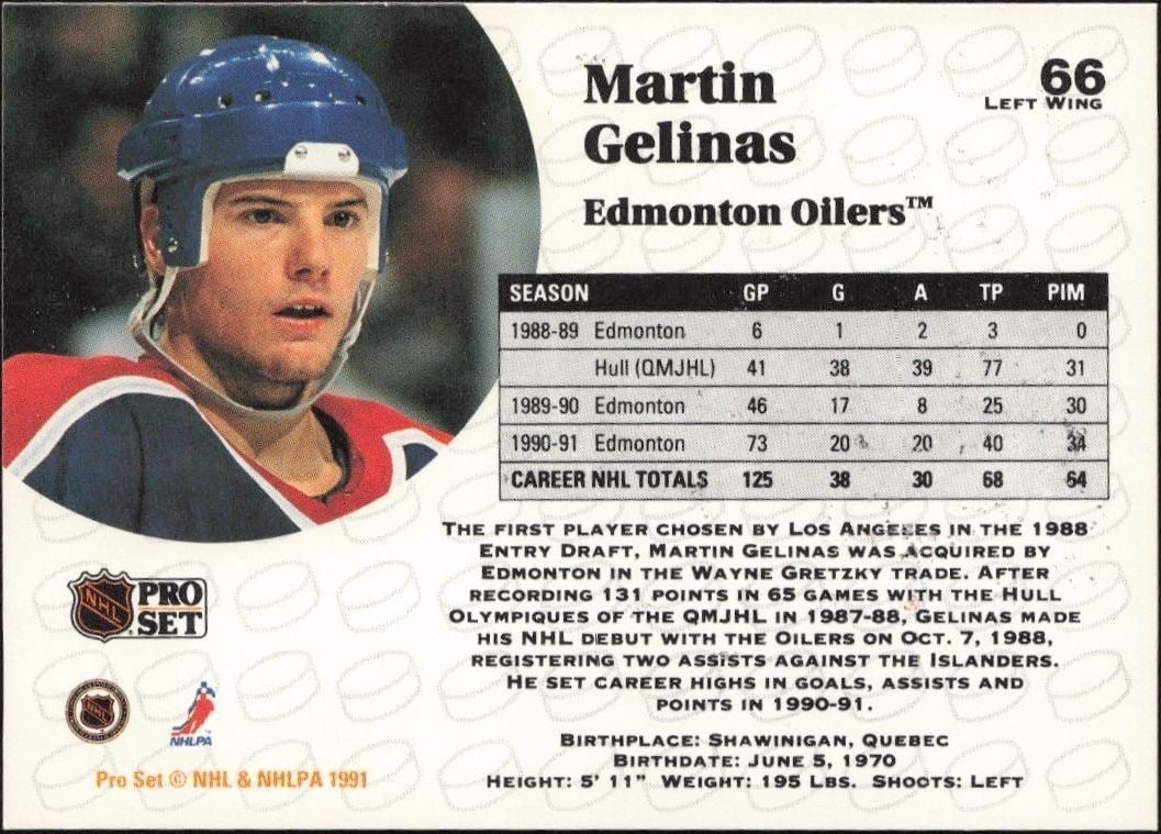 1991-92 Pro Set Martin Gelinas #66 hockey trading card back