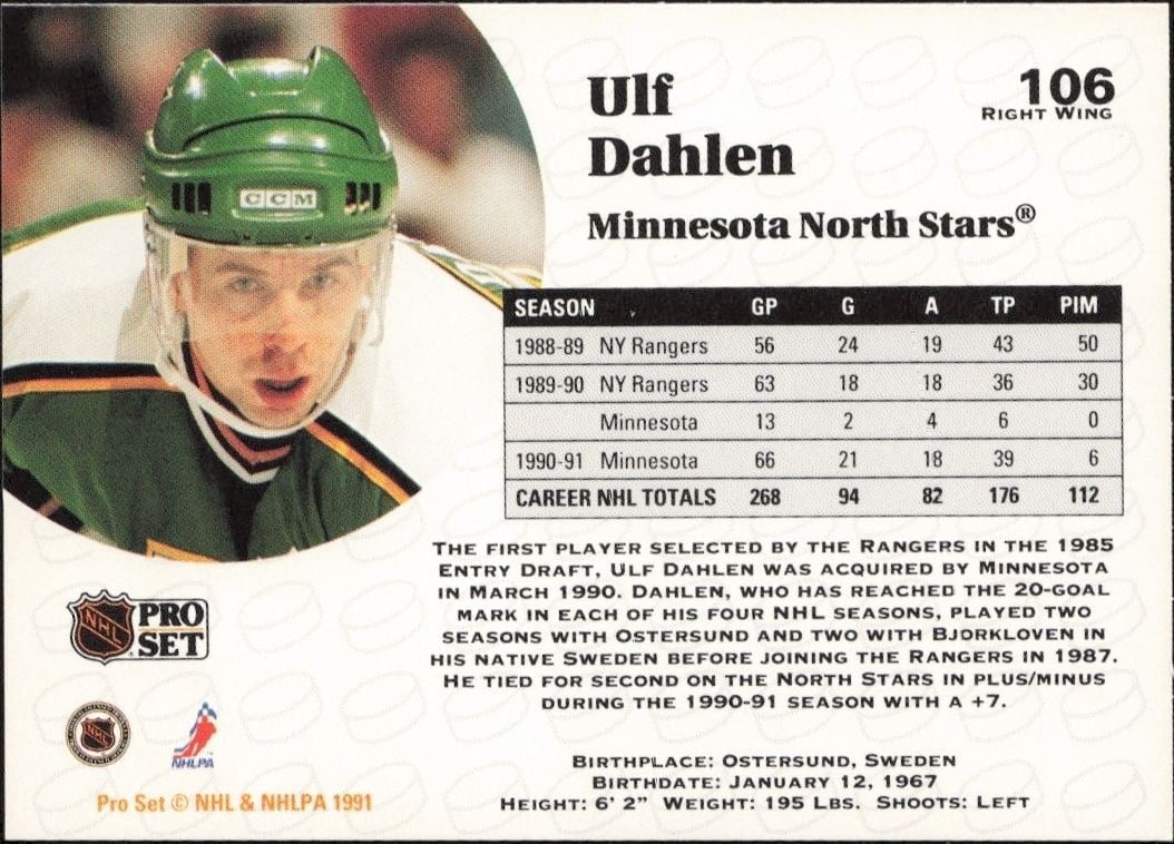 1991-92 Pro Set Ulf Dahlen #106 hockey trading card back