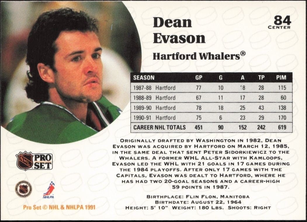 1991-92 Pro Set Dean Evason #84 hockey trading card back