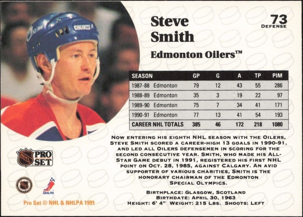 1991-92 Pro Set Steve Smith #73 hockey trading card back