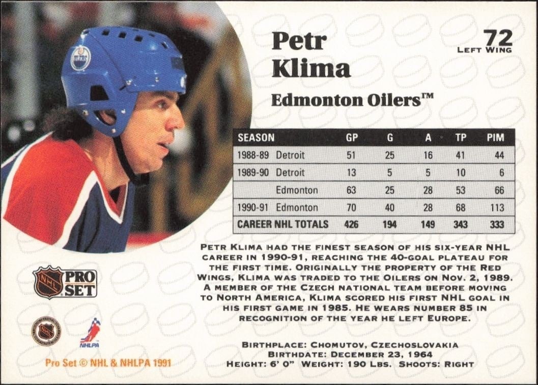 1991-92 Pro Set Petr Klima #72 hockey trading card back