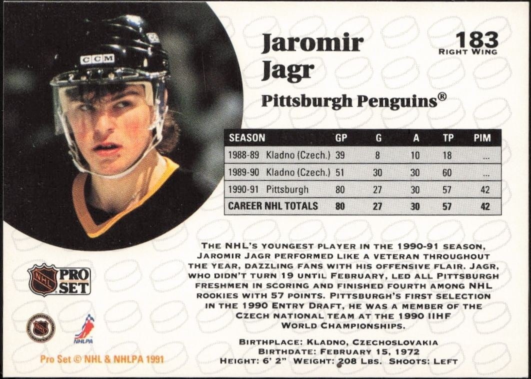 1991-92 Pro Set Jaromir Jagr #183 hockey trading card back