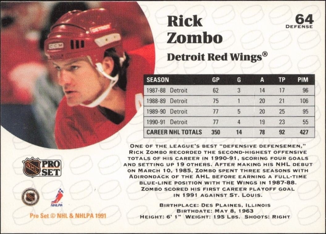 1991-92 Pro Set Rick Zombo #64 hockey trading card back