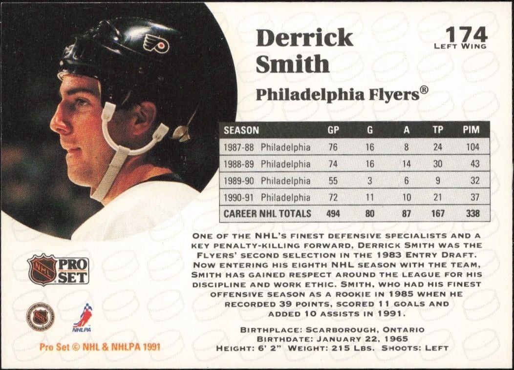 1991-92 Pro Set Derrick Smith #174 hockey trading card back