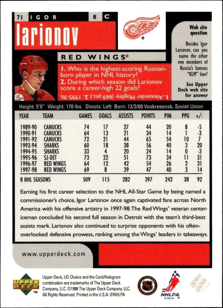 1998-99 Upper Deck Choice Igor Larionov #71 hockey trading card back