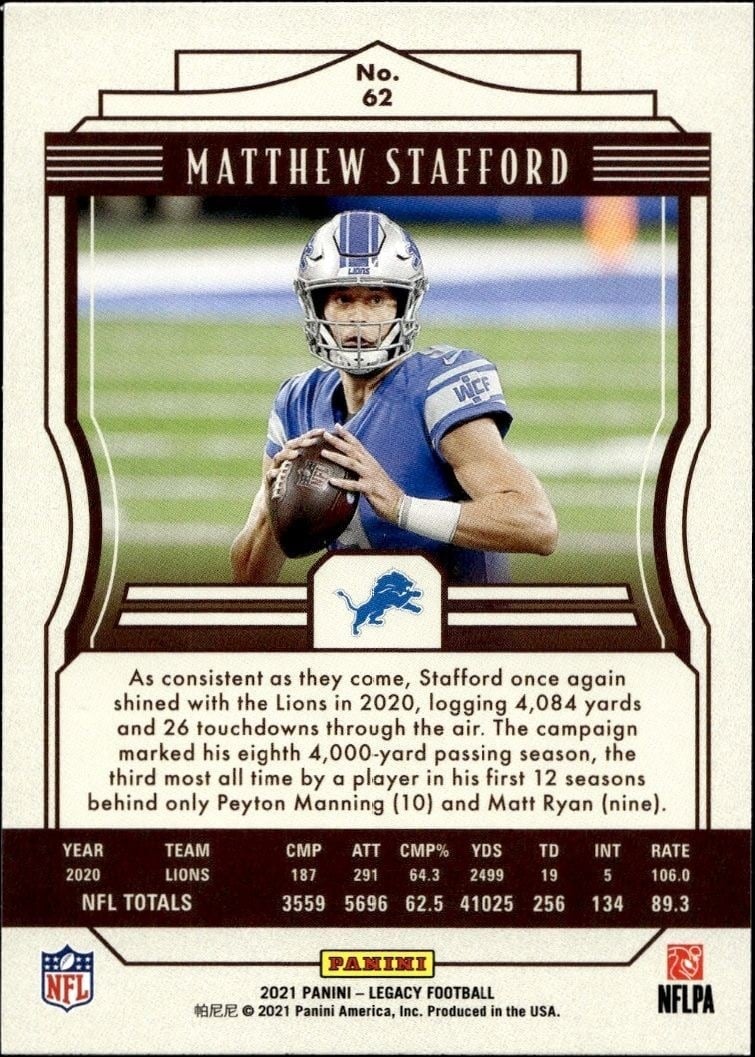 2021 Panini Matthew Stafford #62 football trading card back