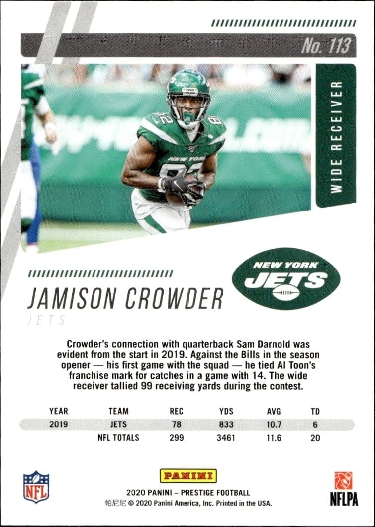 2020 Panini Jamison Crowder #113 football trading card back