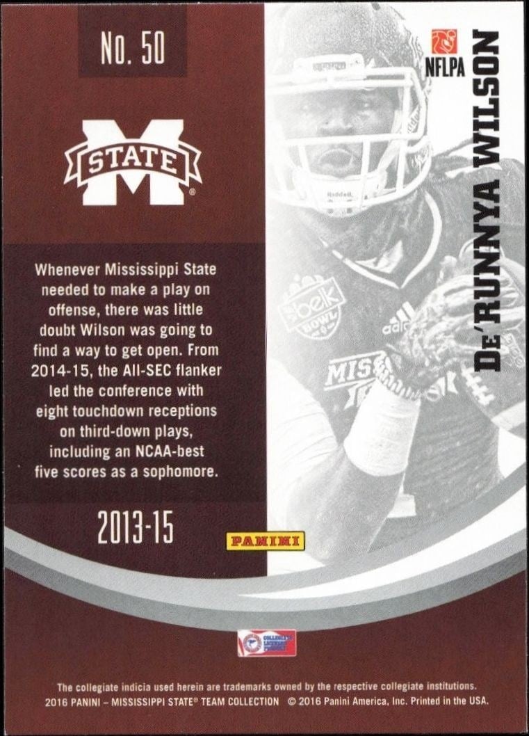 2016 Panini Mississippi State De'Runnya Wilson #50 football trading card back