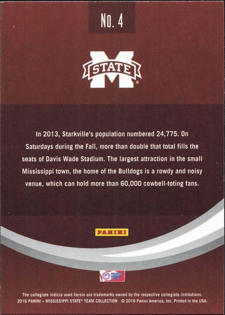 2016 Panini Mississippi State Davis Wade Stadium #4 football trading card back