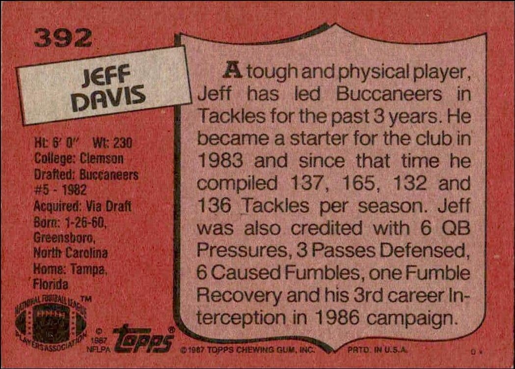 1987 Topps Jeff Davis #392 football trading card back