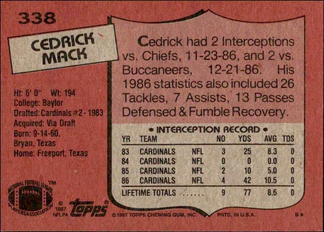 1987 Topps Cedric Mack #338 football trading card back