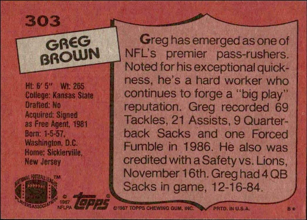 1987 Topps Greg Brown #303 football trading card back
