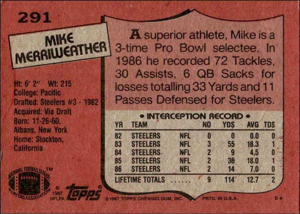 1987 Topps Mike Merriweather #291 football trading card back