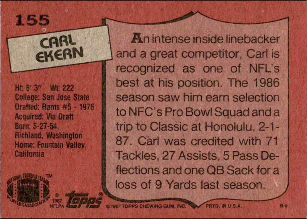 1987 Topps Carl Ekern #155 football trading card back