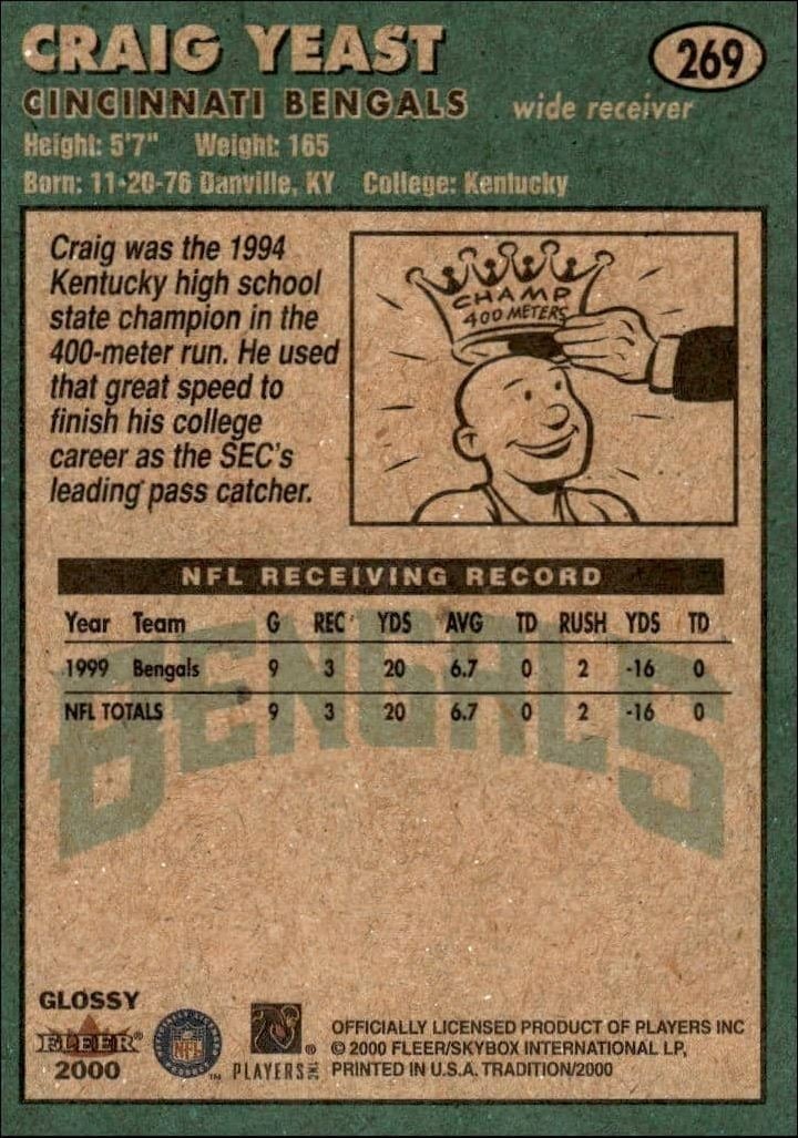 2000 Fleer Tradition Glossy Craig Yeast #269 football trading card back