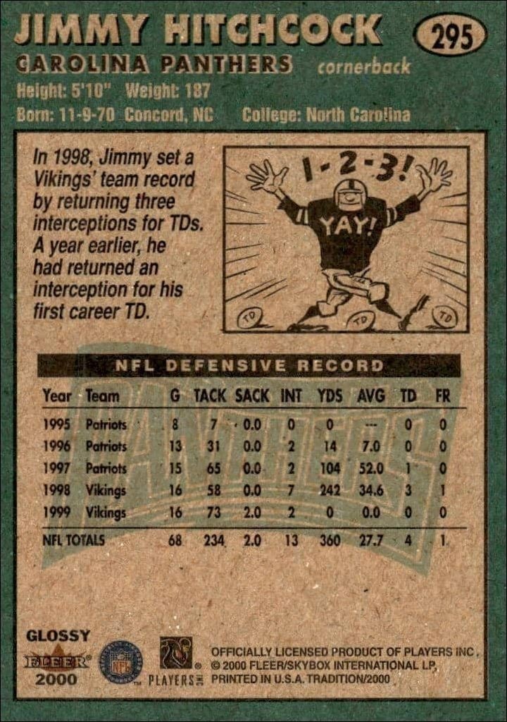 2000 Fleer Tradition Glossy Jimmy Hitchcock #295 football trading card back
