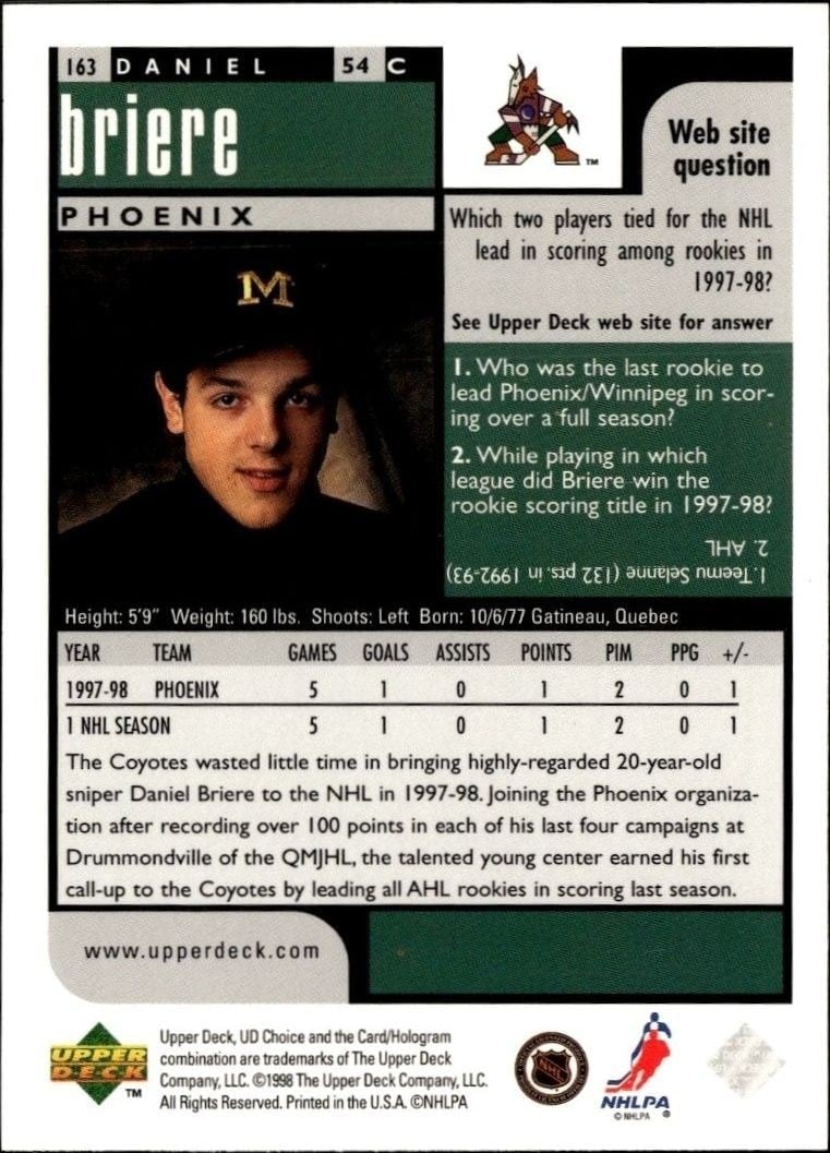 1998-99 Upper Deck Choice Preview Daniel Briere #163 hockey trading card back