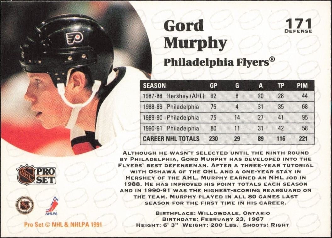 1991-92 Pro Set Gord Murphy #171 hockey trading card back