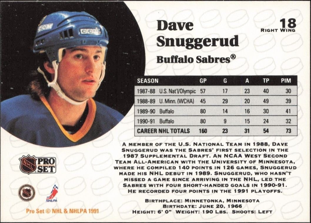 1991-92 Pro Set Dave Snuggerud #18 hockey trading card back