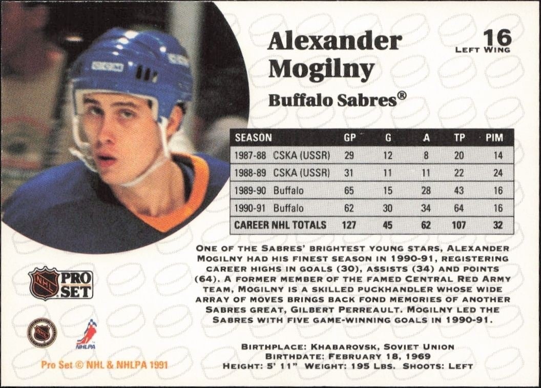 1991-92 Pro Set Alexander Mogilny #16 hockey trading card back