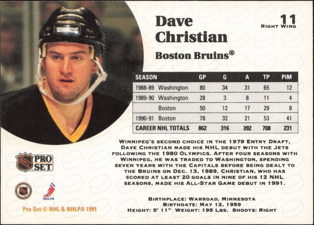 1991-92 Pro Set Dave Christian #11 hockey trading card back