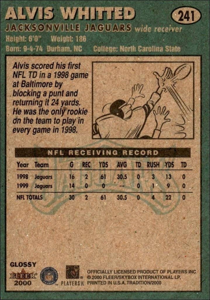 2000 Fleer Tradition Glossy Alvis Whitted #241 football trading card back